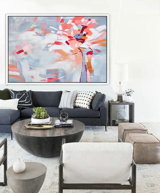 Large Abstract Art Handmade Oil Painting,Oversized Horizontal Contemporary Art,Modern Art Abstract Painting,White,Pink,Red,Grey.etc